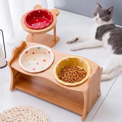 Ceramic Cat Bowl Solid Wood Dish Rack Cat Supplies