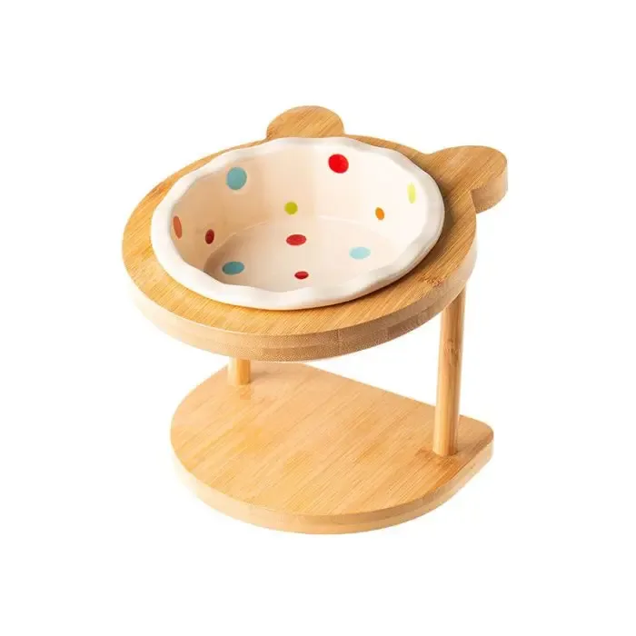 Ceramic Cat Bowl Solid Wood Dish Rack Cat Supplies