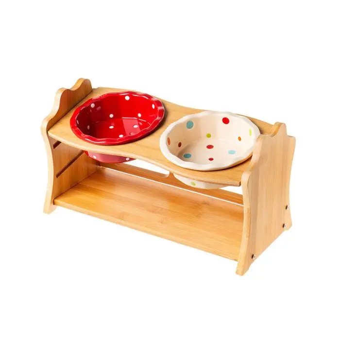 Ceramic Cat Bowl Solid Wood Dish Rack Cat Supplies