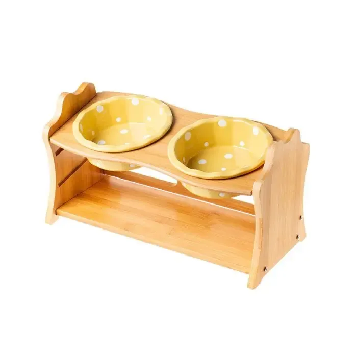 Ceramic Cat Bowl Solid Wood Dish Rack Cat Supplies