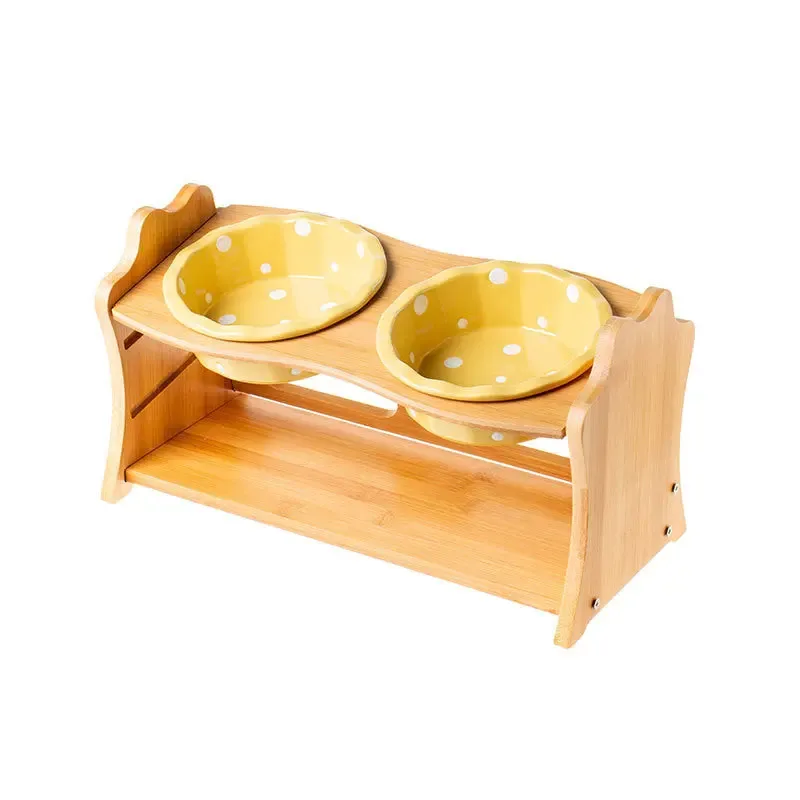 Ceramic Cat Bowl Solid Wood Dish Rack Cat Supplies