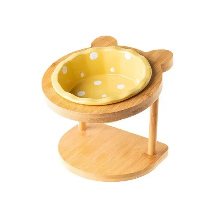 Ceramic Cat Bowl Solid Wood Dish Rack Cat Supplies