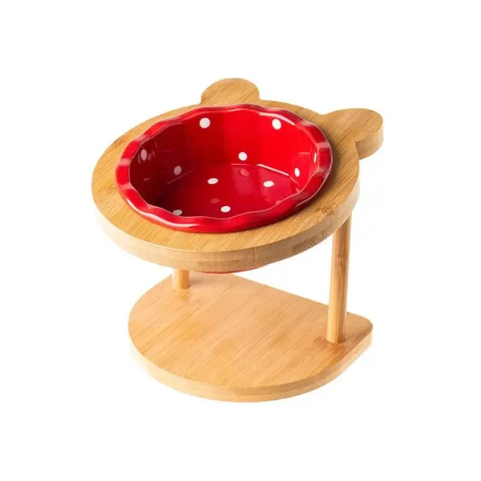 Ceramic Cat Bowl Solid Wood Dish Rack Cat Supplies
