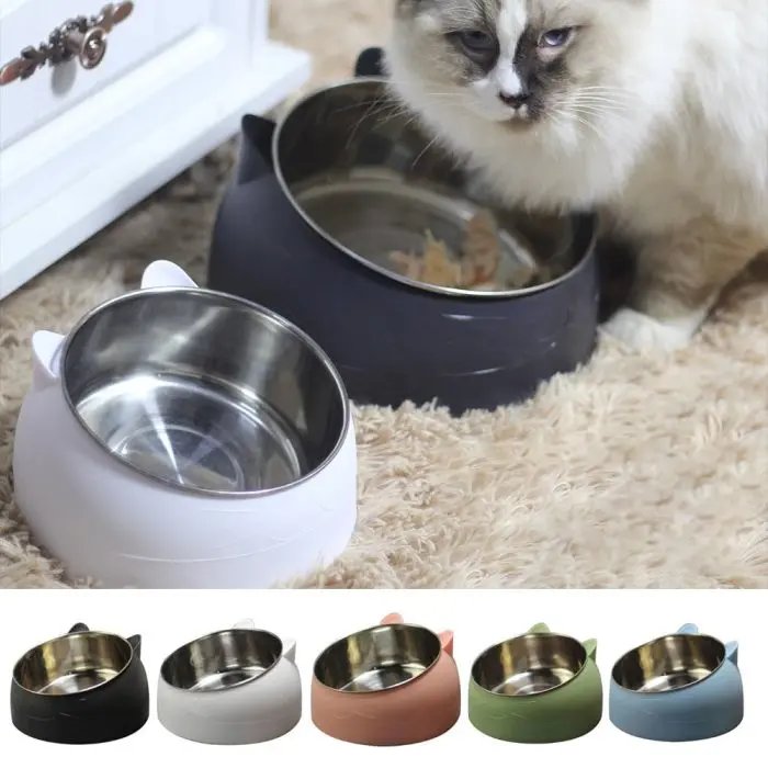 Cute Cat Dog Bowl Protect The Cervical Spine Oblique Mouth Pet Stainless Steel Fall-resistant Durable Food Bowl