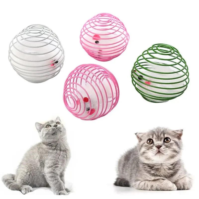 Cat Toy Pet Rainbow Ball Spring Prison Cage Mouse Telescopic Wire Interactive Stick Bell Feather Play Toy  For Cat