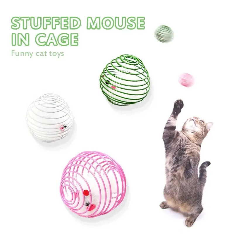Cat Toy Pet Rainbow Ball Spring Prison Cage Mouse Telescopic Wire Interactive Stick Bell Feather Play Toy  For Cat