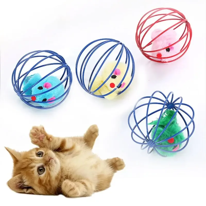 Cat Toy Pet Rainbow Ball Spring Prison Cage Mouse Telescopic Wire Interactive Stick Bell Feather Play Toy  For Cat