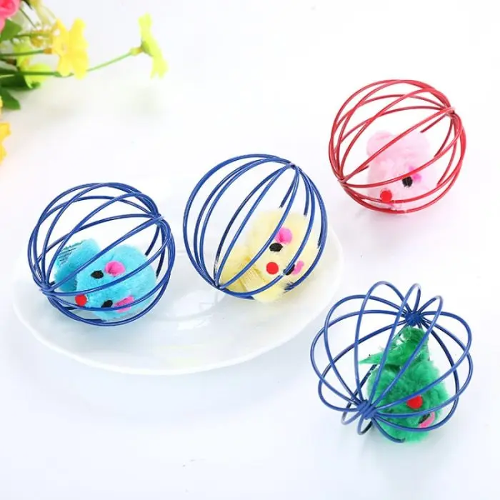 Cat Toy Pet Rainbow Ball Spring Prison Cage Mouse Telescopic Wire Interactive Stick Bell Feather Play Toy  For Cat