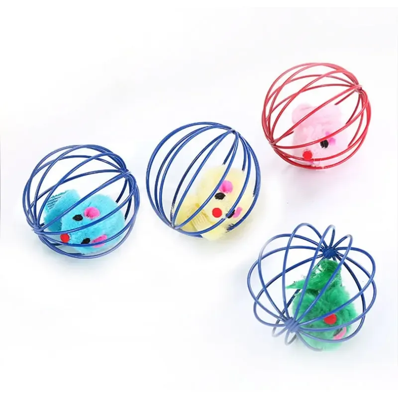 Cat Toy Pet Rainbow Ball Spring Prison Cage Mouse Telescopic Wire Interactive Stick Bell Feather Play Toy  For Cat